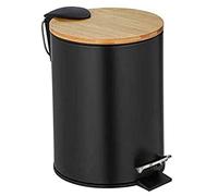 WENKO Petite poubelle salle de bain à pédale Tortona, poubelle noire avec couvercle en bambou, capacité 3l, poubelle de salle de bain avec frein de chute Easy-Close, en acier inox, 17x23,5x21cm, mat