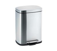WENKO Petite poubelle salle de bain Leno Easy Close, 5 litres, poubelle à pédale design avec couvercle et frein de chute ainsi que porte-sac intégré, acier inoxydable, 21,5x19x29,5cm, argent mat