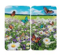 WENKO Plaque de Recouvrement Universelle Mod Pré d'Été, réglable en hauteur pour tout type de cuisinière, planche à découper et protection anti-éclaboussures, verre, 30 x 52 cm, 2 pièces
