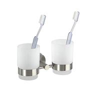 WENKO Porte-Brosse à Dents Mural Duo Bosio | Support Brosse à Dents INOX élégant | Accessoires Salle de Bain en Acier Inoxydable | Dimensions 17,5 x 9,5 x 9 cm | Couleur Argent Mat