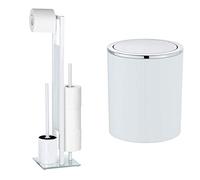 WENKO Serviteur WC Rivalta, Brosse WC et Dérouleur Papier Toilette, Acier INOX Blanc et Verre trempé, 18x70x23 cm & Mini Poubelle Salle de Bain 2L, Poubelle à Couvercle, Inca, Blanc, Ø 14 x 16,8 cm
