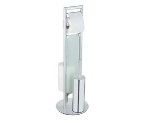 WENKO Serviteur WC Tout-en-Un Sulmona | Acier Inoxydable | Dérouleur Papier toiette, Brosse WC en Silicone, Stockage Rouleaux de Papier | DIM 25 x 76 cm | Argent INOX