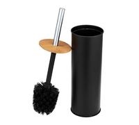 WENKO Tortona Brosse WC fermée en Acier, combinée avec Bambou, Ø 9,5 x 38,5 cm, Noir, métal, 9,5 x 38,5 x 9,5 cm