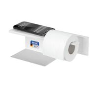 WENKO Turbo-Loc Dérouleur Papier WC avec Tablette Mod Lizan, Acier, Autocollant, Forte adhérence, Fixation Murale sans perçage, Porte-Rouleau WC avec Support Rouleau de réserve, Blanc Mat