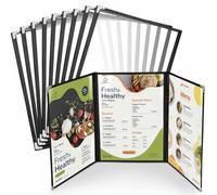 WenYa Lot de 10 couvertures de menu A4 - 3 pages - 6 vues (triple pliage) - Style café - Bordure noire transparente - Avec protections d'angle en métal - Convient pour le papier de format A4 pour