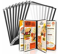 WenYa Lot de 10 couvertures de menu A5, 4 pages, 8 vues de style café, bordure noire, couverture transparente pour menu du vin avec protections d'angle métalliques, compatible avec papier de format A5