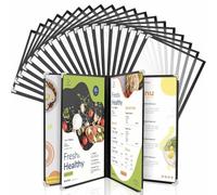 WenYa Lot de 20 couvertures de menu A4, 4 pages, 8 vues de style café, bordure noire, couverture transparente pour menu du vin avec protections d'angle en métal, compatible avec du papier format A4