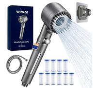 WENZA Pommeau de Douche Anti Calcaire avez 10 Filtres Haute Pression | Pommeau douche avec tuyau 1,5m, support mural inclus, 4 modes de jet, filtre anti calcaire, douceur peau et cheveux