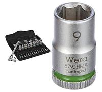 Wera 05004018001 8100 SA 8 Jeu cliquet Zyklop Metal avec levier d‘inversion, à carré 1/4“, métrique, 28 pièces & 05003508001 8790 HMA Douille Zyklop à emmanchement 1/4", 9.0 mm, Argent/Vert