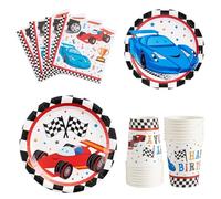 WERNNSAI Articles de Fête pour Voiture de Course - Kit Vaisselle Sert 16 Invités, Assiettes, Dessert, Dîner, Déjeuner, Serviettes, Gobelets