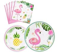 WERNNSAI Décorations D'anniversaire Flamant Rose-Assiettes Serviettes Hawaïennes Flamant Rose Décorations de Fête Tropicale Luau pour Enfants Filles Fournitures D'anniversaire Piscine D'été 16 Invités