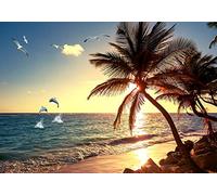 Wesmilewallpaper Papier Peint Panoramique Plage Tropicale Palmier 350X245cm | Paysage Plage Ensoleillé Ambiance Vacances Océan Rayon De Soleil Intissé Soie Murales Poster Décoration Murale Chambre Salon