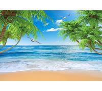 Wesmilewallpaper Papier Peint Panoramique Tropicale Plage Palmier 350X245cm | Paysage Mer Bleue Estivale Fraîche Ambiance Balnéaire Ensoleillée Intissé Soie Murales Poster Décoration Chambre Salon Bureau