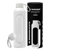 Wessper Bouteille a eau 1 Litre, Bouteille de Motivation avec échelle D'hydratation, Gourde pour eau en Verre Borosilicaté avec étui en Silicone, Matériau Sans BPA - Blanc