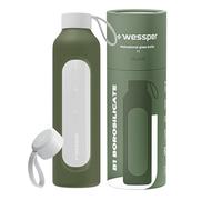 Wessper Bouteille d'eau en verre 1 litre, Bouteille de motivation avec échelle d'hydratation, Bouteille d'eau en verre borosilicaté avec étui en silicone, matériau sans BPA - Olive