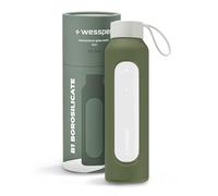 Wessper Bouteille en verre avec housse en silicone, bouteille en verre borosilicaté avec graduation 500 ml, bouteille de sport Idéale pour le fitness, l'école, le sport, les enfants - Olive