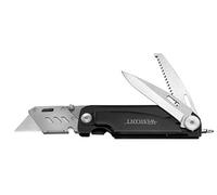 Westcott E-84034 00 Multitool Cutter multifonction Couteau multifonction Lame Drop-Point 7,5 cm Scie pliante 7,5 cm Tournevis Lumière LED Règle Poignée en métal Noir 19 cm