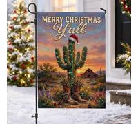 Western Desert Drapeau de jardin Cactus de Noël 30,5 x 45,7 cm | Thème occidental, drapeau de cour, art cactus Saguaro, bottes de cowboy, fond de grange rustique, guirlande lumineuse de
