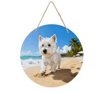 Westie - Décoration murale ronde en bois naturel - Motif chiens tropicaux - Décoration murale rustique vintage faite à la main pour intérieur, chambre à coucher, salon, ferme, salle de bain