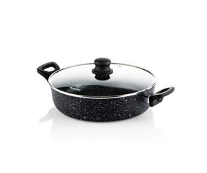 Westinghouse WHT129 Poêle à frire avec couvercle en verre et revêtement antiadhésif 3 couches en aluminium forgé Compatible induction Poignées avec revêtement silicone Noir 28 cm