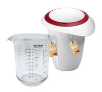 Westmark 306822E6 Lot de 2 verres doseurs 1 l avec couvercle divisé en deux parties 1 l et verre doseur gradué multilingue avec bec verseur en plastique droit, transparent/blanc/rouge, 306822E6
