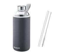 Westmark 527422EA Gourde en verre avec étui de protection 1000 ml + 1 paille en verre 21 cm + 1 brosse de nettoyage verre/silicone/caoutchouc sans BPA Viva Anthracite/argent/transparent