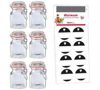 Westmark Ensemble de Bocaux à Pince, 6 Pièces - Pour Épices, Herbes et Thés - Incluant 8 Étiquettes Décoratives - Transparent, 100 ml