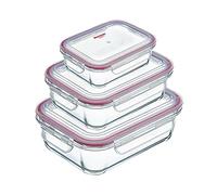 Westmark Ensemble de Boîtes Fraîcheur en Verre, 3 pièces, Rectangulaires, Capacité : 1x 370 ml, 1040 ml et 1520 ml chaque, Verre/silicone/plastique, Transparent/rouge, 234422E6