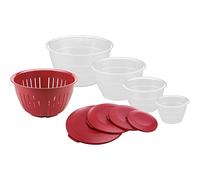 Westmark Ensemble de Bols, 4 Bols avec Couvercles et Passoire/filtre, 9 pièces, capacité : 0,6/1,3/2,5/4,4 litres, Plastique, sans BPA, Olympia, Couleur : Transparent/rouge, 2420226R