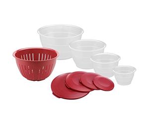 Westmark Ensemble de Bols, 4 Bols avec Couvercles et Passoire/filtre, 9 pièces, capacité : 0,6/1,3/2,5/4,4 litres, Plastique, sans BPA, Olympia, Couleur : Transparent/rouge, 2420226R