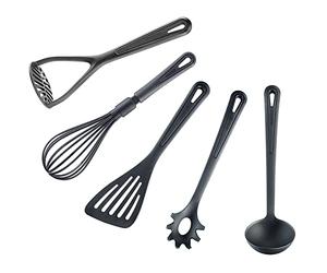 Westmark Ensemble d'Ustensiles de Cuisine 5 pièces: Fouet, Louche, Presse-purée, Spatule, Cuillère à Spaghetti, Plastique, Gentle, Noir, 280022E6
