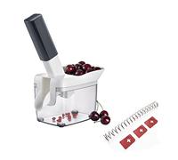 Westmark Kernfix 403522E6 Dénoyauteur de cerises avec verseur, cassette de noyau et livret de recettes, avec lot de 4 pièces en acier inoxydable/plastique, blanc/gris foncé/transparent