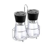 Westmark Menage 63572260 Moulin à Épices 3 Pièces Moulin à Poivre et Sel + Support avec Poignée de Transport Plastique/Verre/Céramique Blacky Transparent/Noir/Argent
