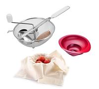 Westmark Set, 3pcs : Moulin à Légumes/Presse-Purée (Ø 20 cm) + Entonnoir (2pcs) + Tissu Tamis/Passoire, Acier inoxydable/Plastique/Coton, Blanc/argenté/rouge, 119722E7