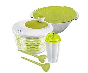 Westmark Set à Salade, 4 pièces, Essoreuse à Salade, Saladier, Couverts et Shaker à Vinaigrette, Plastique, Transparent/blanc/vert, 243022E6
