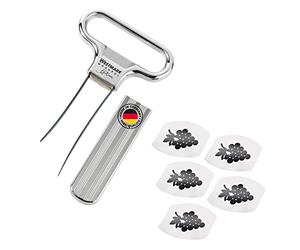 Westmark Set à Vin, 6 pièces, 1 Déboucheur/Emboucheur avec Décapsuleur Ah-So, Monopol Edition + 5 Becs Verseurs à Vin Safety, acier/zinc moulé sous pression/PET, chromé/argenté/noir, 628533E6