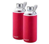 Westmark Set de 2 Gourdes , 2 Gourdes en Verre avec impression, avec 1 Housse de protection pour chaque, 1000 ml, Verre/Silicone/Caoutchouc, sans BPA, Viva, Rouge/argenté/clair, 527422E7