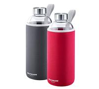 Westmark Set de 2 Gourdes , 2 Gourdes en Verre avec impression, avec 1 Housse de protection pour chaque, 1000 ml, Verre/Silicone/Caoutchouc, sans BPA, Viva, Rouge/anthracite/argenté/clair, 527422E8