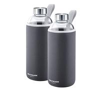 Westmark Set de 2 Gourdes , 2 Gourdes en Verre avec impression, avec 1 Housse de protection pour chaque, 1000 ml, Verre/Silicone/Caoutchouc, sans BPA, Viva, Anthracite/argenté/clair, 527422E6