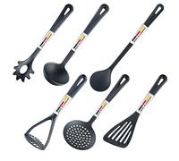 Westmark Set d'Ustensiles de cuisine, 6 pcs, Spatule, Cuillère à remuer, Ecumoire, Cuillère à Spaghetti, Louche à Soupe, Presse-purée à pommes de terre, Plastique, Gentle, noir, 283522E6