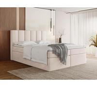 WFL GROUP Lit Boxspring 200x200 Complet avec Matelas, Surmatelas, Tête De Lit - Double Adulte, Coffre avec Rangement - Capitonné Crème en Tissu Velours - Amira - Beige