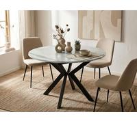 WFL GROUP Round Extendable Dining Table with Black Metal Legs - Internal Storage Extension Plate - Industrial Round Table for Living Room - Space Saver - 100 cm - White Marble
