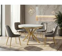 Table à manger extensible - Dina - Ronde - Marbre Blanc - Pieds métal dorés - 100-180 x 100 x 76 cm - Style industriel - Compacte