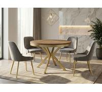 WFL GROUP Table à Manger Extensible Ronde - Table Style Loft avec Doré Pieds en Métal - 90 à 170 Cm - Table Ronde Style Industriel pour Le Salon - Compacte - 90 Cm - Chêne Lefkas