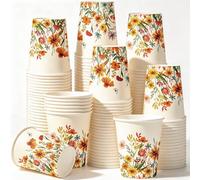 Whaline Lot de 100 gobelets jetables en papier pour l'automne - 255 g - Motif floral - Pour boissons chaudes et froides - Fournitures de fête d'automne