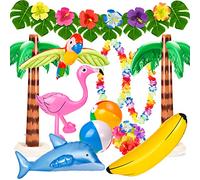Whaline Lot de 31 Jouets de fête hawaïens gonflables avec Flamants Roses, Palmiers, Ballon, Banane, Dauphin, Perroquet avec Feuilles de Palmier, la Plage, la Piscine
