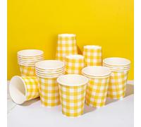 Whaline Lot de 50 gobelets jetables en carton à carreaux jaunes et blancs - Gobelets décoratifs pour café chaud et froid - Fournitures de table d'anniversaire - 255 ml