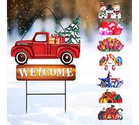Whaline Lot de 9 piquets de jardin interchangeables en forme de camion rouge avec panneaux saisonniers en métal vintage pour l'automne, Halloween, Noël, hiver, Saint-Valentin, printemps, Pâques, 4