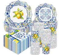Whaline Service de table jetable 96 pièces Capri Lemon Carreaux bleus jaunes Citron 24 assiettes de 22,9 cm, 61 assiettes de 17,8 cm, 24 serviettes, 24 tasses de 255 g pour fête d'anniversaire d'été