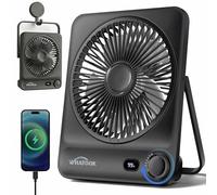 WHATOOK Ventilateur de Table Portable Rechargeable 10000mAh, Autonomie 40h, Ventilateur USB C Silencieux 30dB, 100 Vitesses, Écran Auto-Off, Grille Lavable, Crochet Camping Bureau Chambre